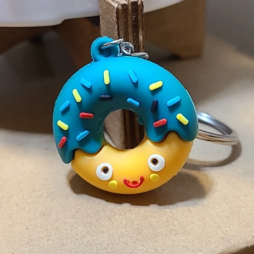 Cute Donut Keychain with Face, Teal Icing and‎ Sprinkles, Fun Food Accessory